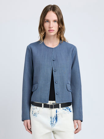 Proenza Schouler Front cropped image of model wearing Lucas Jacket in Wool Melange in Denim