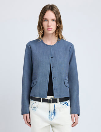 Proenza Schouler Front cropped image of model wearing Lucas Jacket in Wool Melange in Denim