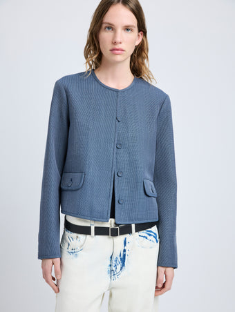 Proenza Schouler Detail image of model wearing Lucas Jacket in Wool Melange in Denim