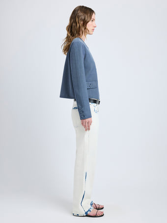Proenza Schouler Side full length image of model wearing Lucas Jacket in Wool Melange in Denim