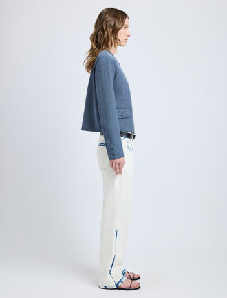 Proenza Schouler Side full length image of model wearing Lucas Jacket in Wool Melange in Denim