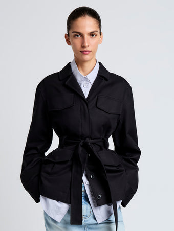Proenza Schouler Front cropped image of model wearing Indie Jacket in Stretch Cotton Suiting in Black