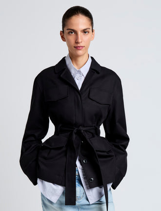 Proenza Schouler Front cropped image of model wearing Indie Jacket in Stretch Cotton Suiting in Black