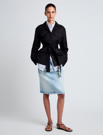 Proenza Schouler Front full length image of model wearing Indie Jacket in Stretch Cotton Suiting in Black