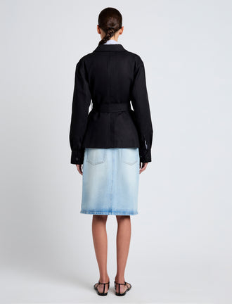 Proenza Schouler Back full length image of model wearing Indie Jacket in Stretch Cotton Suiting in Black