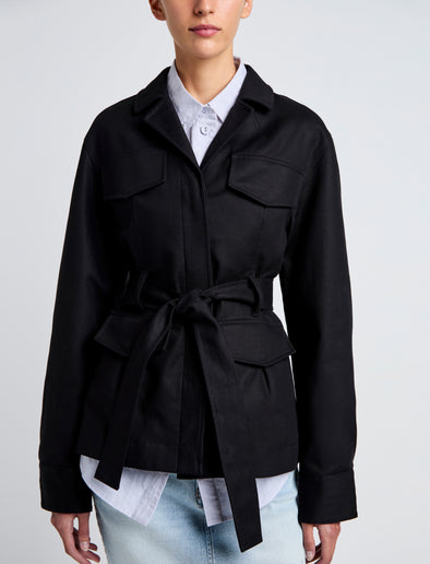 Proenza Schouler Detail image of model wearing Indie Jacket in Stretch Cotton Suiting in Black