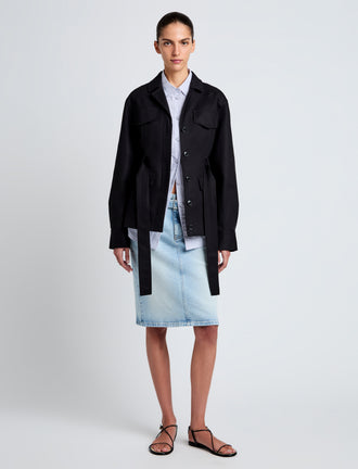 Proenza Schouler Front full length image of model wearing Indie Jacket in Stretch Cotton Suiting in Black