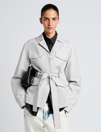 Proenza Schouler Front cropped image of model wearing Indie Jacket in Stretch Cotton Suiting in Pale Grey