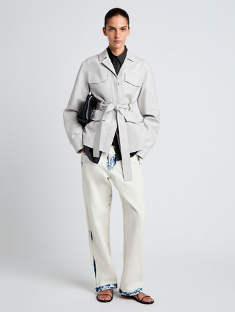 Proenza Schouler Front full length image of model wearing Indie Jacket in Stretch Cotton Suiting in Pale Grey