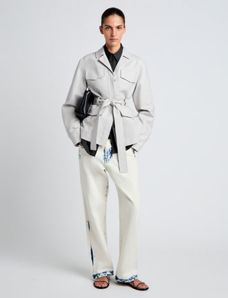 Proenza Schouler Front full length image of model wearing Indie Jacket in Stretch Cotton Suiting in Pale Grey