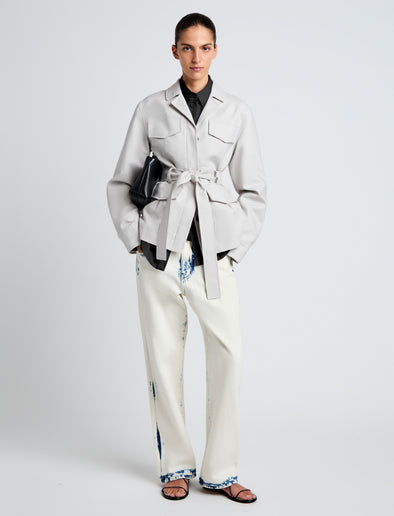 Proenza Schouler Front full length image of model wearing Indie Jacket in Stretch Cotton Suiting in Pale Grey