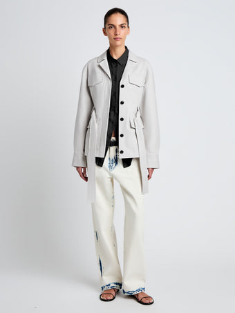 Proenza Schouler Front full length image of model wearing Indie Jacket in Stretch Cotton Suiting in Pale Grey