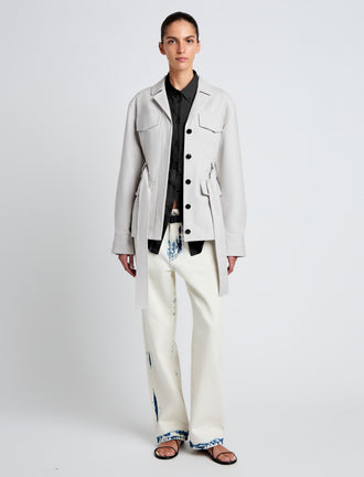 Proenza Schouler Front full length image of model wearing Indie Jacket in Stretch Cotton Suiting in Pale Grey