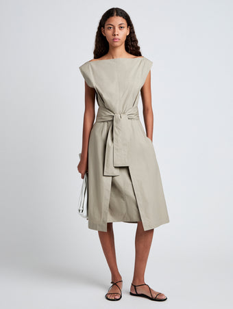 Proenza Schouler Front full length image of model wearing Caro Dress in Brushed Poplin in Granite