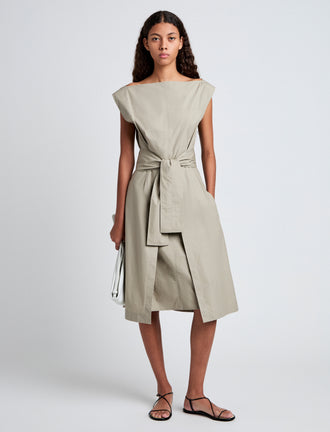 Proenza Schouler Front full length image of model wearing Caro Dress in Brushed Poplin in Granite