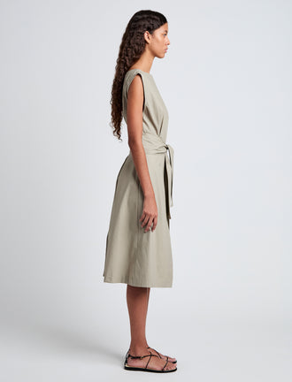 Proenza Schouler Side full length image of model wearing Caro Dress in Brushed Poplin in Granite