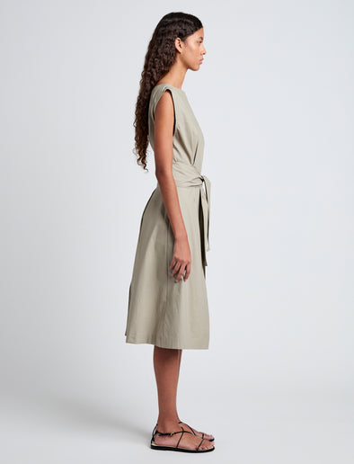 Proenza Schouler Side full length image of model wearing Caro Dress in Brushed Poplin in Granite