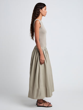 Proenza Schouler Side full length image of model wearing Tori Knit Dress in Brushed Poplin in Granite