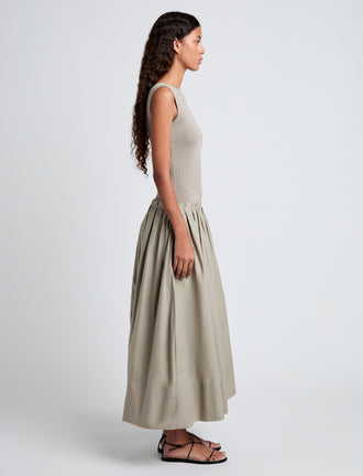 Proenza Schouler Side full length image of model wearing Tori Knit Dress in Brushed Poplin in Granite