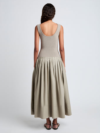 Proenza Schouler Back full length image of model wearing Tori Knit Dress in Brushed Poplin in Granite