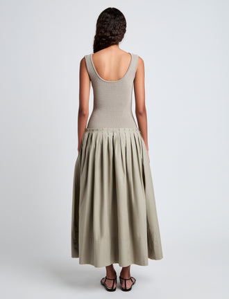 Proenza Schouler Back full length image of model wearing Tori Knit Dress in Brushed Poplin in Granite