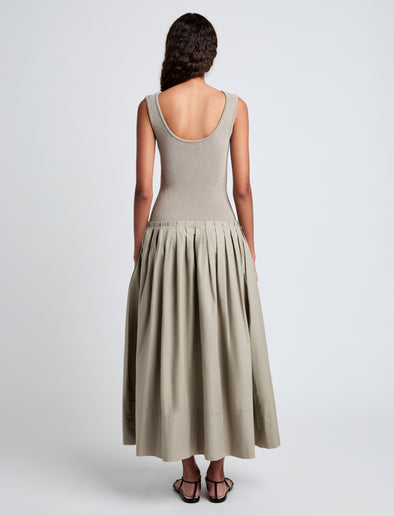 Proenza Schouler Back full length image of model wearing Tori Knit Dress in Brushed Poplin in Granite
