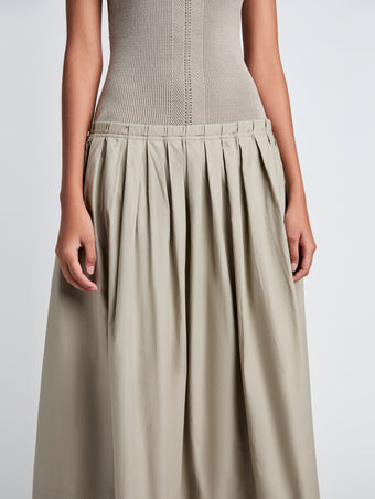 Proenza Schouler Detail image of model wearing Tori Knit Dress in Brushed Poplin in Granite