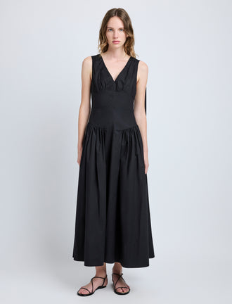 Proenza Schouler Front full length image of model wearing Clayton Dress in Poplin in Black