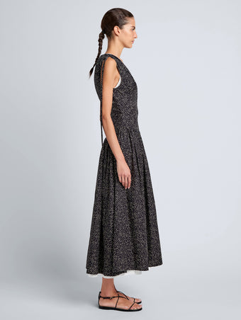 Proenza Schouler Side image of model wearing Clayton Dress in Printed Poplin in Black/Vanilla