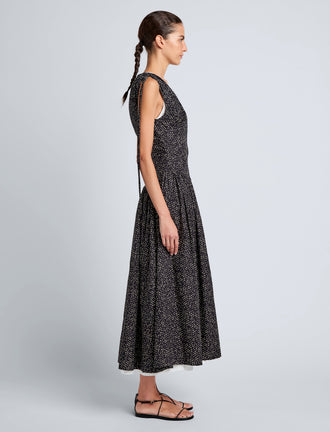 Proenza Schouler Side image of model wearing Clayton Dress in Printed Poplin in Black/Vanilla