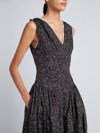 Proenza Schouler Detail image of model wearing Clayton Dress in Printed Poplin in Black/Vanilla