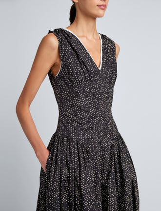 Proenza Schouler Detail image of model wearing Clayton Dress in Printed Poplin in Black/Vanilla