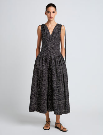 Proenza Schouler Front image of model wearing Clayton Dress in Printed Poplin in Black/Vanilla