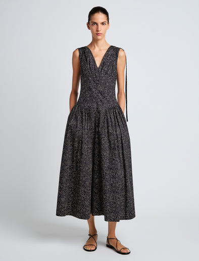 Proenza Schouler Front image of model wearing Clayton Dress in Printed Poplin in Black/Vanilla