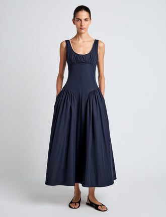 Proenza Schouler Front full length image of model wearing Kendall Dress in Tech Cotton in Navy