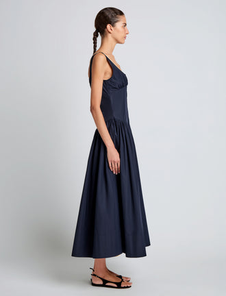 Proenza Schouler Side full length image of model wearing Kendall Dress in Tech Cotton in Navy