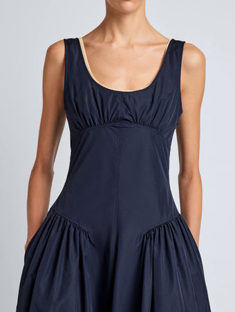 Proenza Schouler Detail image of model wearing Kendall Dress in Tech Cotton in Navy