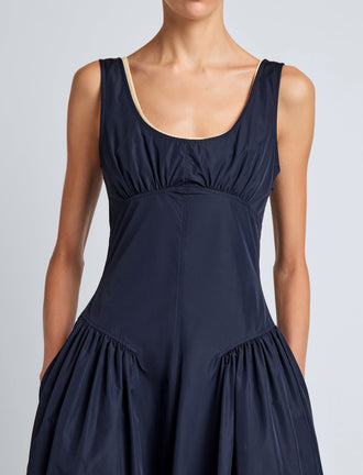 Proenza Schouler Detail image of model wearing Kendall Dress in Tech Cotton in Navy