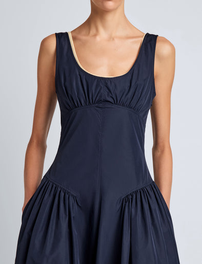 Proenza Schouler Detail image of model wearing Kendall Dress in Tech Cotton in Navy