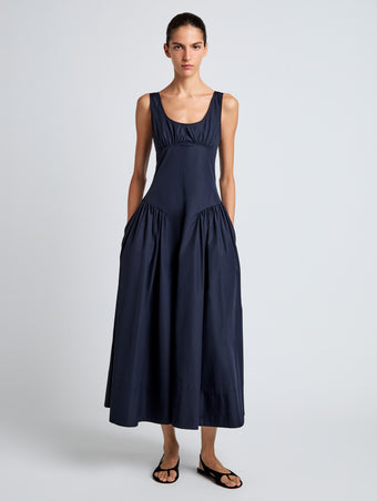 Proenza Schouler Front full length image of model wearing Kendall Dress in Tech Cotton in Navy