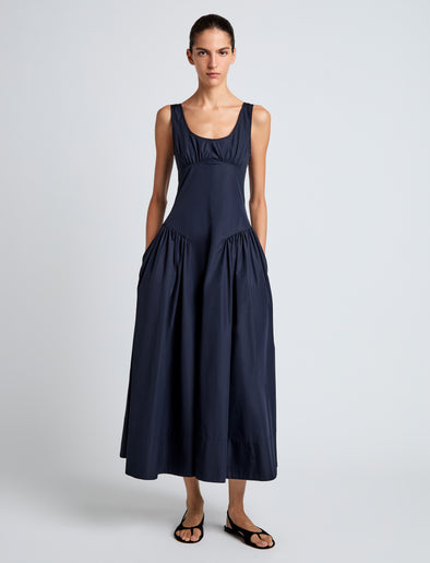 Proenza Schouler Front full length image of model wearing Kendall Dress in Tech Cotton in Navy