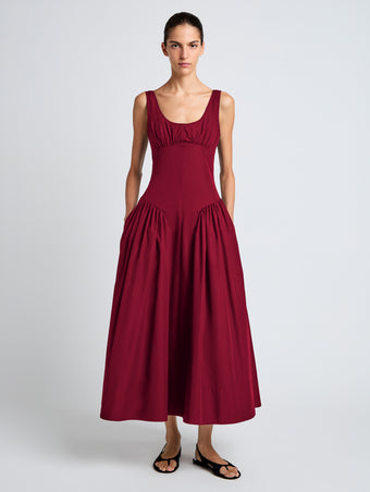 Proenza Schouler Front full length image of model wearing Kendall Dress in Tech Cotton in Claret