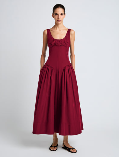 Proenza Schouler Front full length image of model wearing Kendall Dress in Tech Cotton in Claret