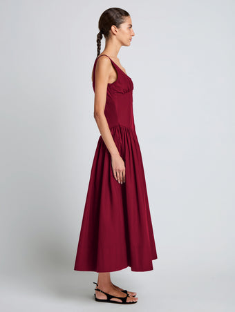 Proenza Schouler Side full length image of model wearing Kendall Dress in Tech Cotton in Claret