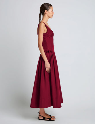 Proenza Schouler Side full length image of model wearing Kendall Dress in Tech Cotton in Claret