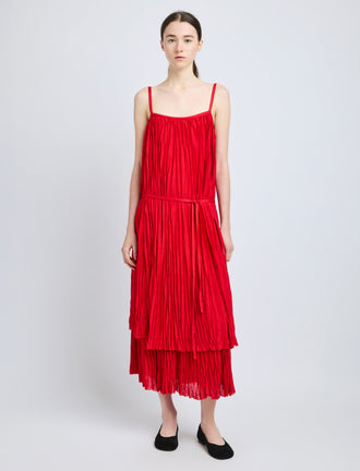 Proenza Schouler Front full length image of model wearing Clyne Dress in Pleated Jersey in Dark Poppy