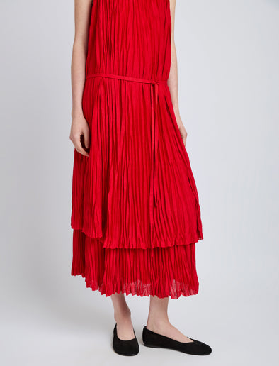 Proenza Schouler Detail image of model wearing Clyne Dress in Pleated Jersey in Dark Poppy