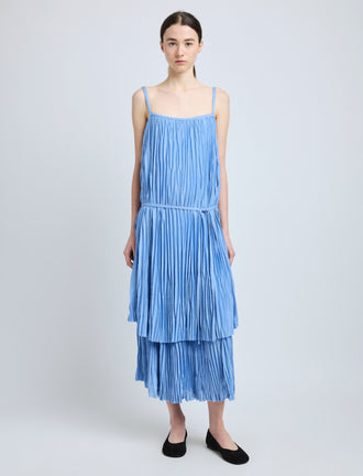 Proenza Schouler Front full length image of model wearing Clyne Dress in Pleated Jersey in Pool