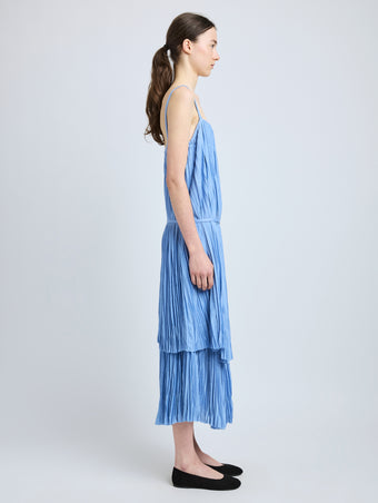 Proenza Schouler Side full length image of model wearing Clyne Dress in Pleated Jersey in Pool
