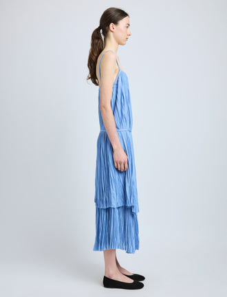 Proenza Schouler Side full length image of model wearing Clyne Dress in Pleated Jersey in Pool